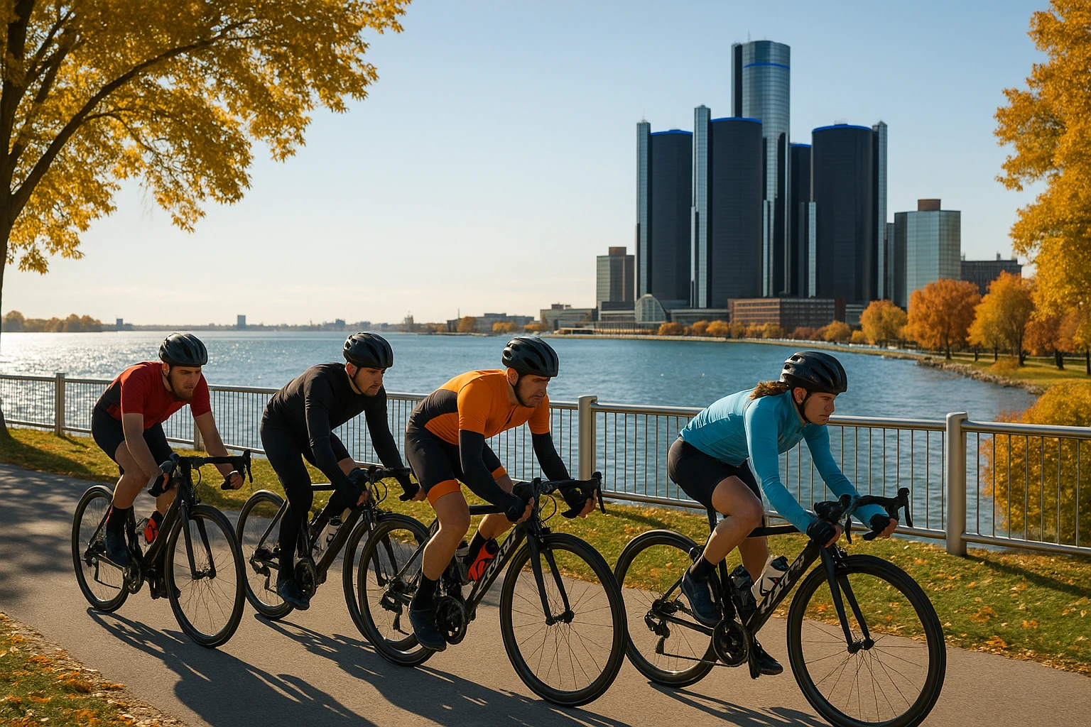 Cyclists racing along Detroit's scenic waterfront trail, the Detroit River shimmering in the background, with the iconic Renaissance Center visible in the distance on a bright autumn afternoon.