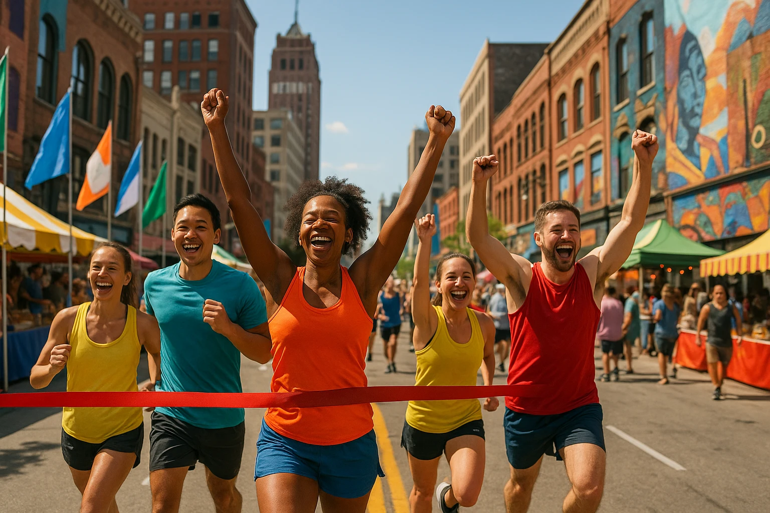 A diverse group of people, wearing colorful athletic gear, cheering as they cross the finish line of a downtown Detroit race, surrounded by fluttering flags, bustling food stalls, and vibrant murals on historic buildings under a clear summer sky.