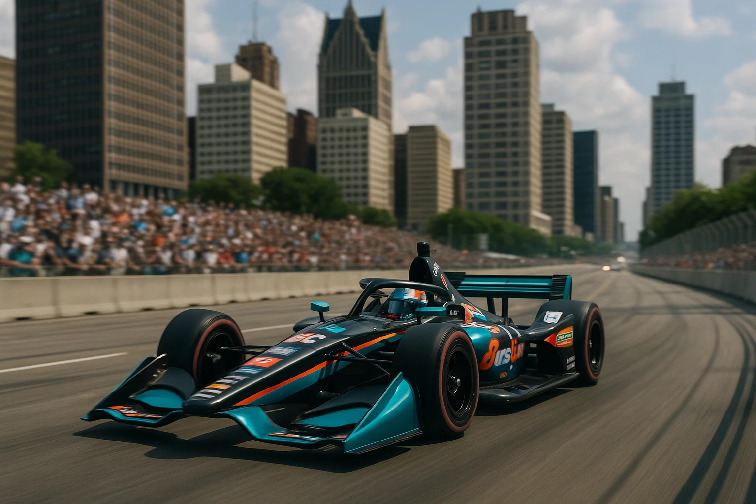 A sleek race car with vibrant sponsor logos speeds through the bustling streets of Detroit, with skyscrapers in the background and enthusiastic crowds lining the barriers, capturing the dynamic essence of the Detroit Grand Prix 2026.