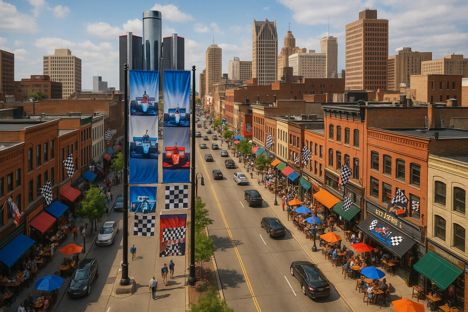 Aerial view of Detroit's bustling downtown, showcasing colorful banners and signs promoting the Detroit Grand Prix 2026, while nearby restaurants and shops display themed decorations and offer race-day specials, bringing vibrant energy to the streets.