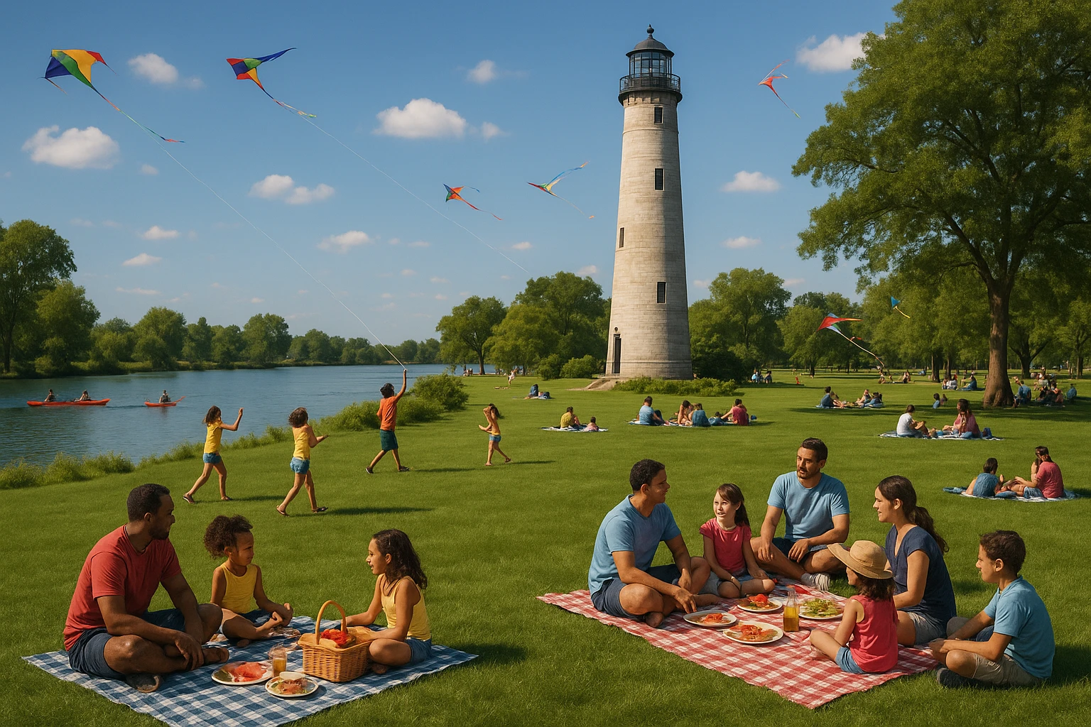 A vibrant scene in Detroit's Belle Isle Park features families and friends picnicking on lush green lawns, kids flying kites in the clear blue sky, and people kayaking along the calm river adjacent to the park's historic lighthouse.