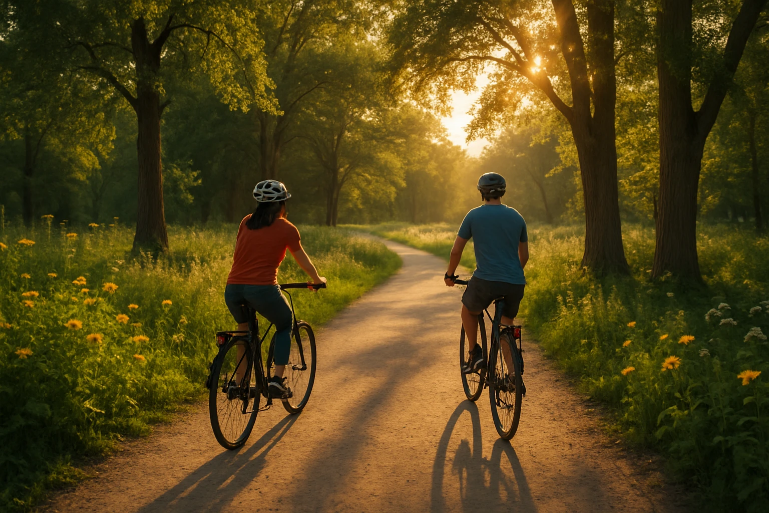 A peaceful scene in Belle Isle Park showcases a meandering nature trail lined with wildflowers and tall trees, where a couple of cyclists ride along the path, their bikes casting long shadows in the golden hour light.