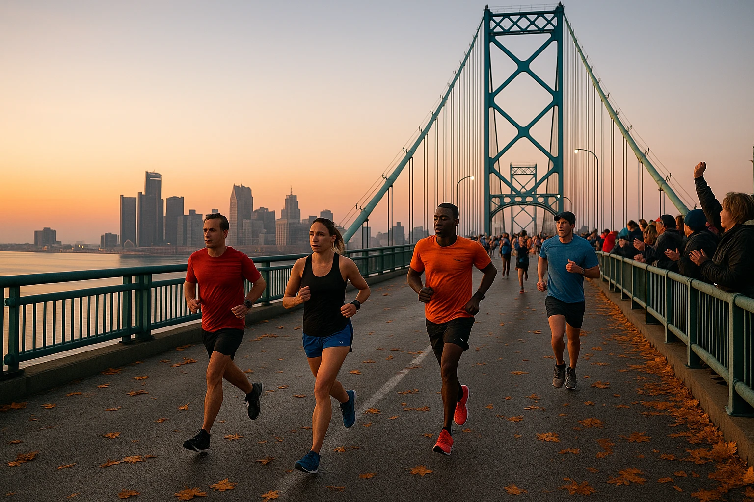 Runners crossing the Ambassador Bridge against a backdrop of Detroit's skyline at dawn, with autumn leaves scattered along the route and spectators cheering from the sidelines.