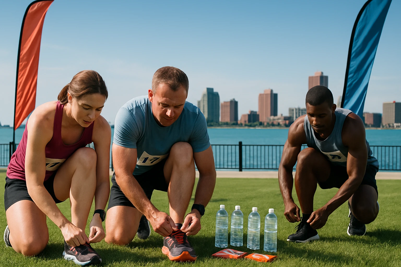 Participants tying their running shoes on a grassy knoll in front of Detroit's Riverwalk with a view of Canada in the distance, surrounded by neatly arranged water bottles and energy bars, as motivational banners flutter in the breeze nearby.
