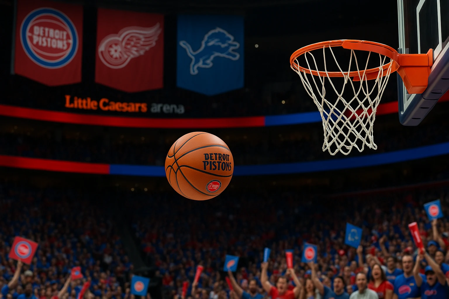 A vibrant scene at Little Caesars Arena with a Detroit Pistons basketball flying through the air towards the hoop, surrounded by colorful team banners and cheering fans holding branded merchandise in the background.