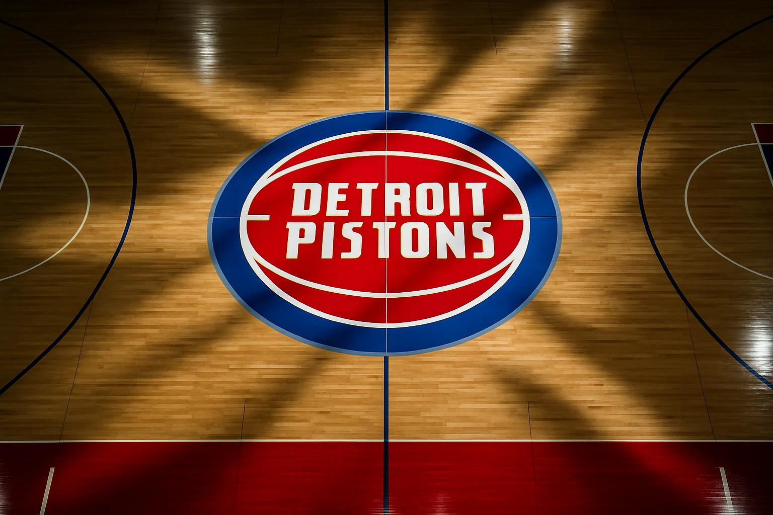 A detailed overhead view of a basketball court at Little Caesars Arena, featuring a prominently displayed Detroit Pistons logo at center court, surrounded by the vibrant blue and red team colors, with strategically placed spotlights casting dramatic shadows on the polished wooden floor.