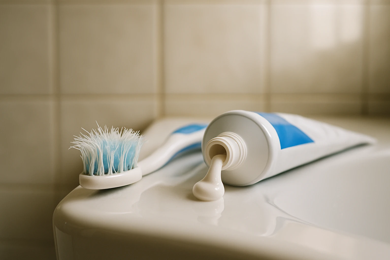 A close-up view of a toothbrush with frayed bristles next to a tube of toothpaste, set on the edge of a bathroom sink with a faint reflection of brightly lit tiles in the background.