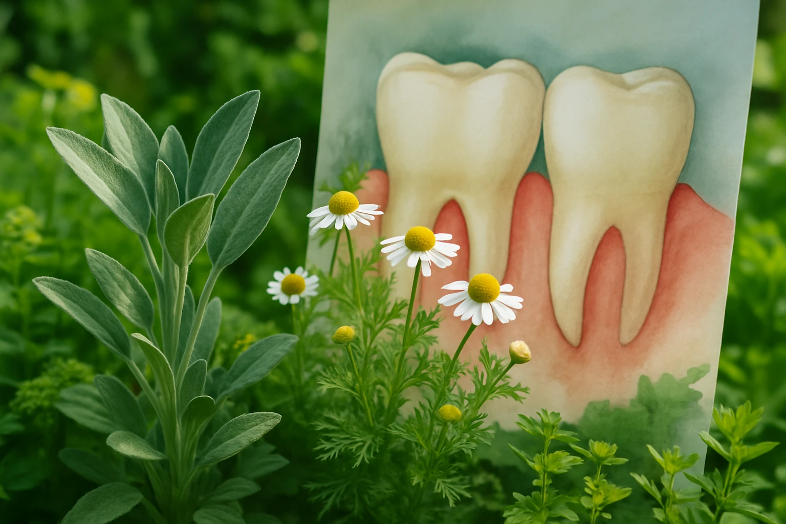 A lush garden with a close-up of various medicinal herbs like sage and chamomile, symbolizing natural treatments for gum disease, with a watercolor painting of healthy teeth and gums in the background.