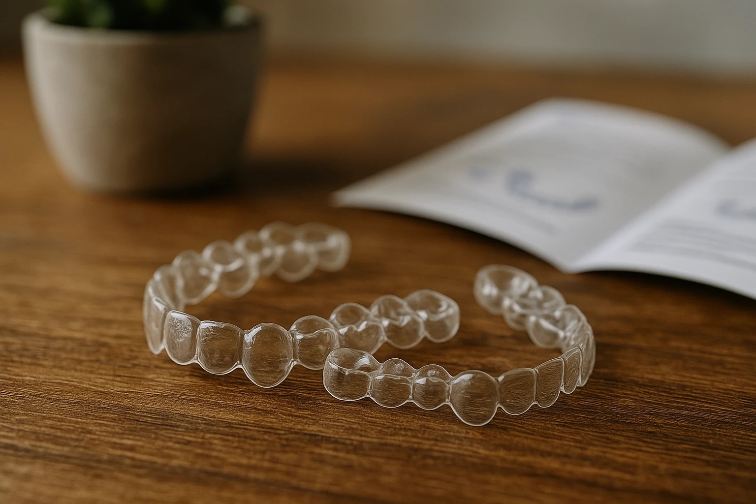 A close-up of a pair of Invisalign aligners on a textured wooden table, with a soft-focus background featuring a potted plant and an open instruction manual detailing their usage.