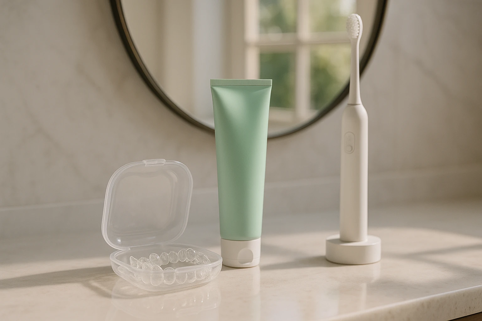 A neatly arranged bathroom countertop featuring a transparent Invisalign storage case next to a tube of mint-flavored toothpaste and a sleek electric toothbrush, set against a backdrop of a large round mirror reflecting a sunlit window.