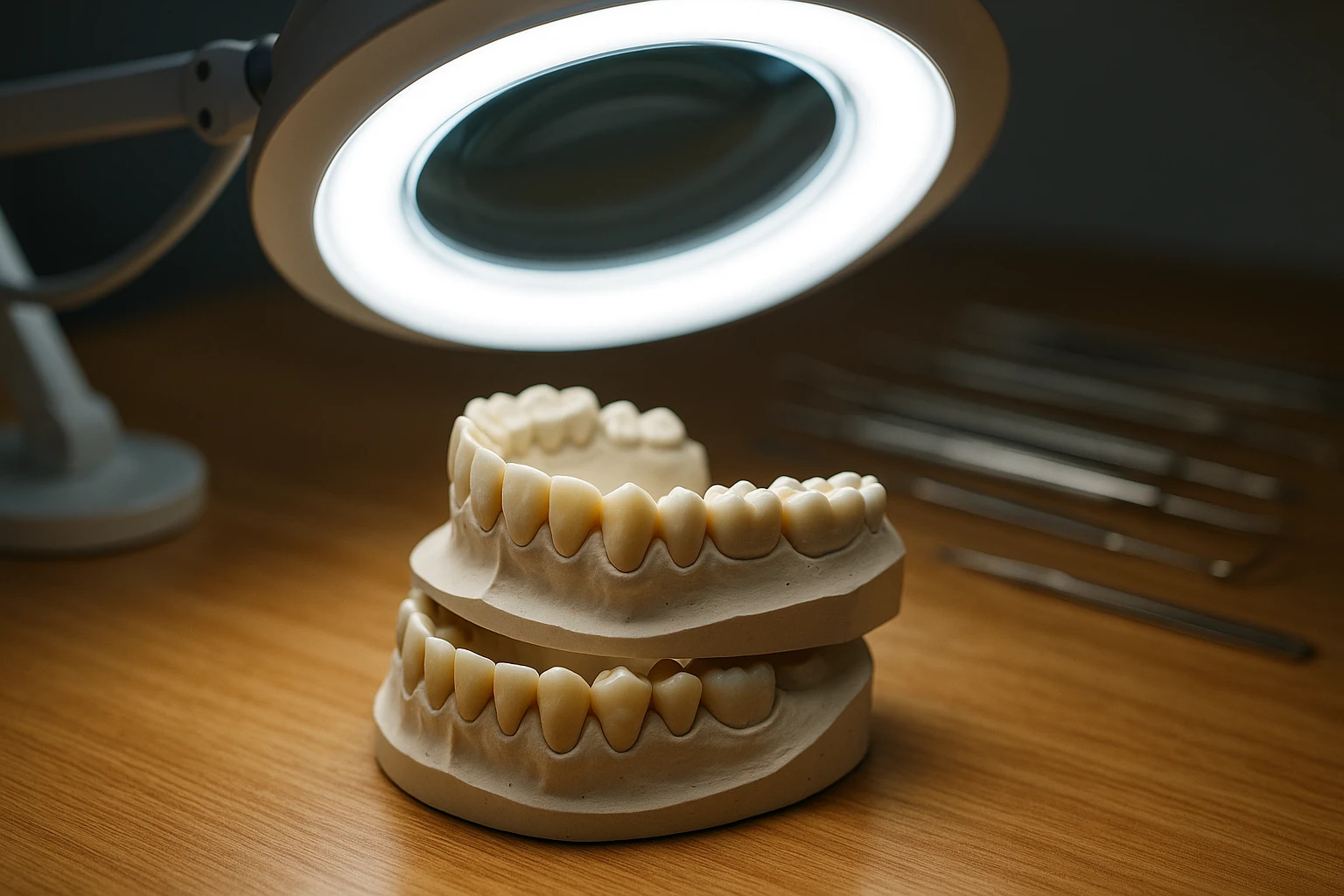 A pristine set of dental molds displayed on a wooden countertop, with a bright LED magnifying lamp illuminating the intricate details of the teeth, highlighting their varied shades against a backdrop of dental tools.