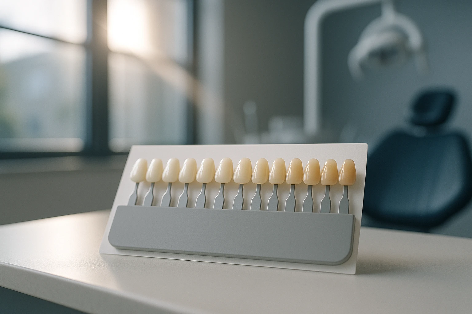 A close-up of a dental chart displaying various shades of teeth whiteness, set against a sleek, modern dentist's office background with a ray of sunlight streaming through the window, gently illuminating the page.