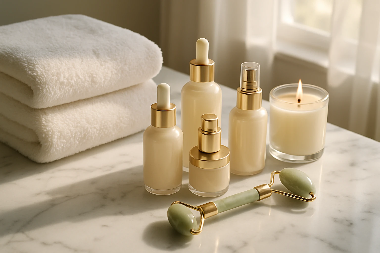 A luxurious spa-themed flat lay featuring plush white towels, an array of elegant glass skincare bottles, a scented candle jar, and a jade roller set atop a marble countertop, with a background of gentle sunlight streaming through a nearby window.