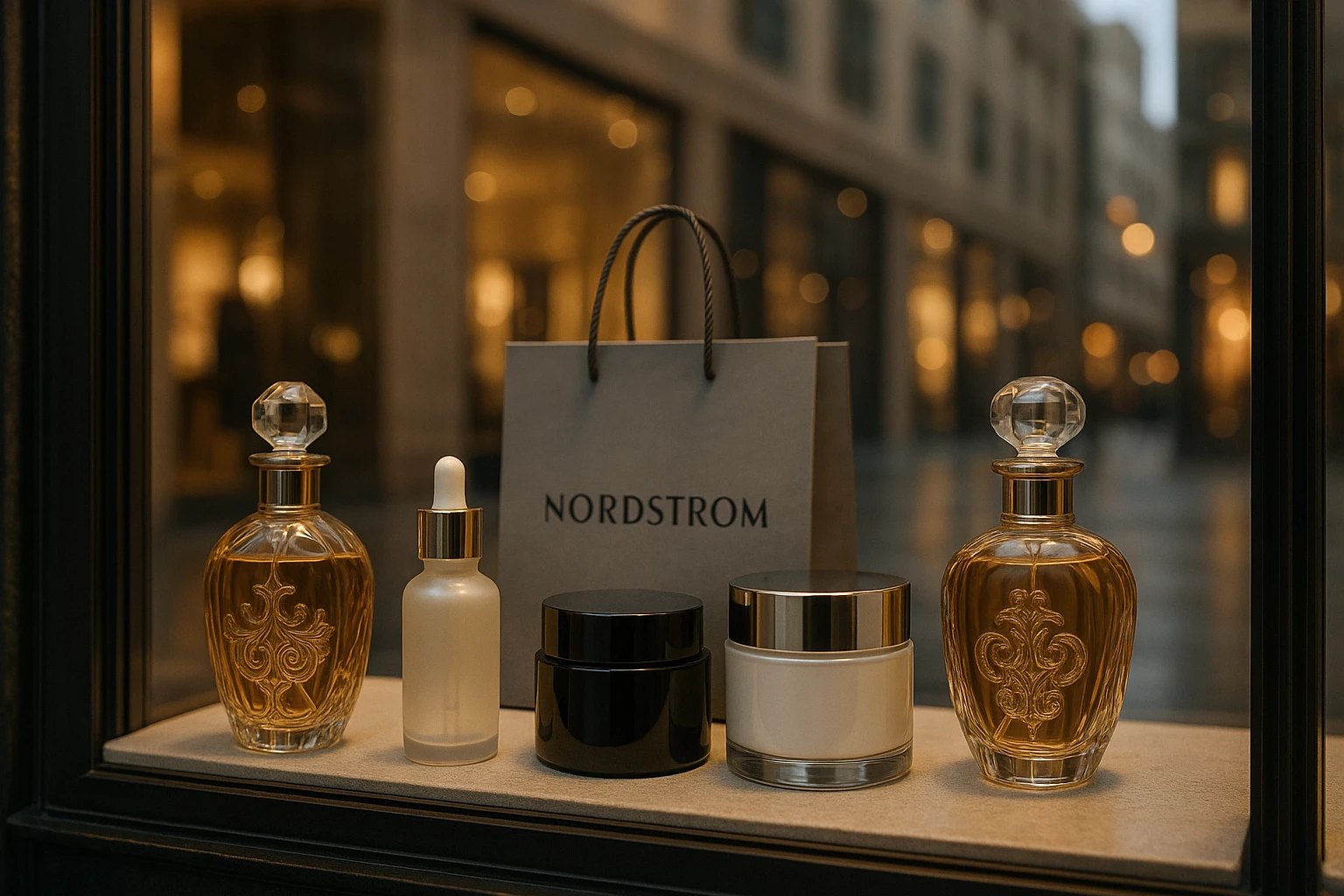 An elegant storefront window display featuring luxury beauty products, including ornate perfume bottles, sleek skincare jars, and branded shopping bags with the Nordstrom logo, set against a backdrop of soft, ambient lighting and a chic city street scene.