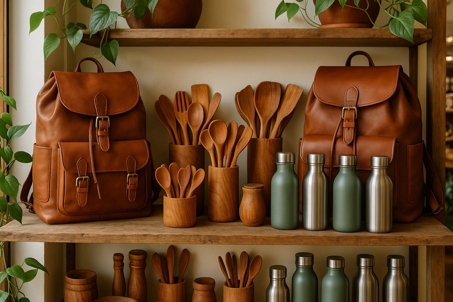 A vibrant display of Atticus Goods products featuring artisanal leather backpacks, handcrafted wooden kitchen utensils, and eco-friendly water bottles, all arranged on rustic wooden shelves in a brightly lit store with leafy plants enhancing the natural aesthetic.
