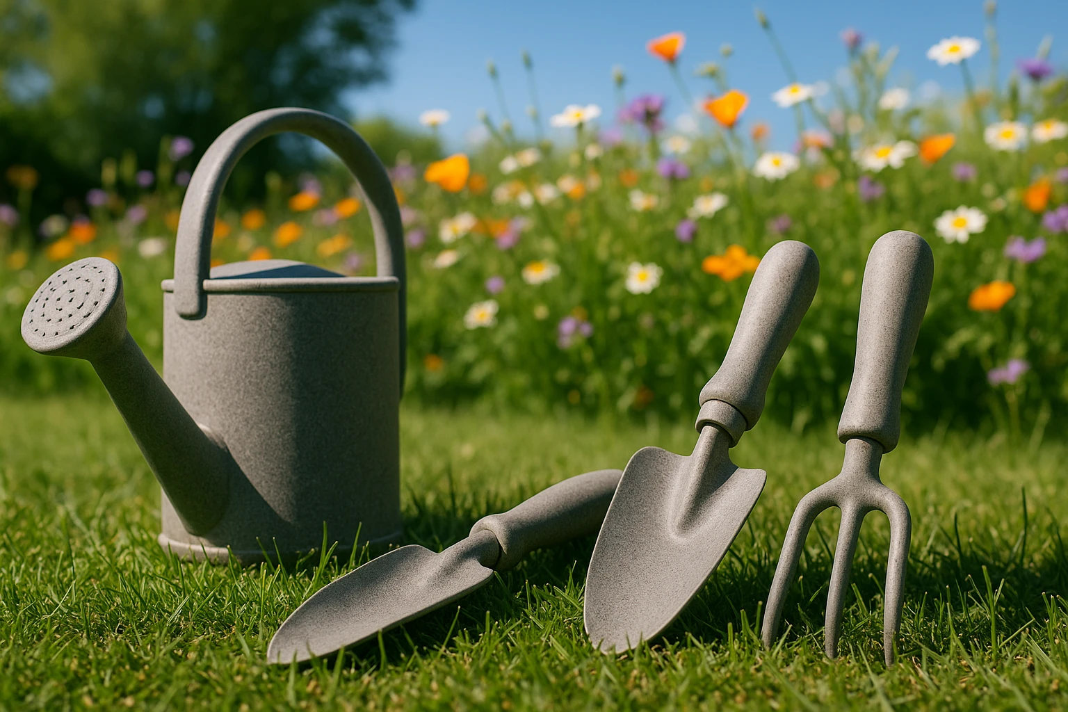 An array of Atticus Goods gardening tools made from recycled materials, including a watering can, trowel, and hand rake, all placed on a lush green lawn, with a backdrop of blooming wildflowers and a clear blue sky.