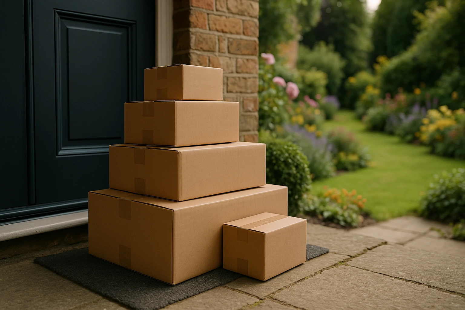 A variety of delivery packages stacked neatly at a doorstep, with a picturesque English garden in the background, showcasing a seamless home shopping experience.