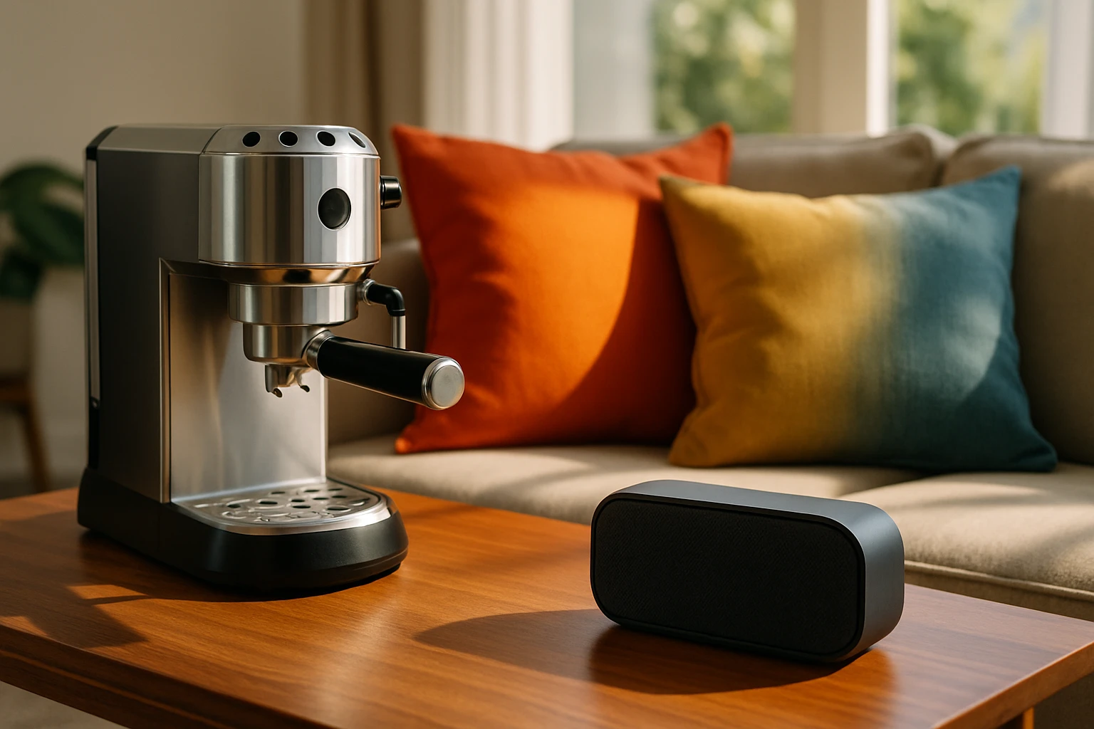 A close-up of assorted household items, including a sleek espresso machine, colorful throw pillows, and a modern Bluetooth speaker, placed on a stylish wooden table in a sunlit living room.