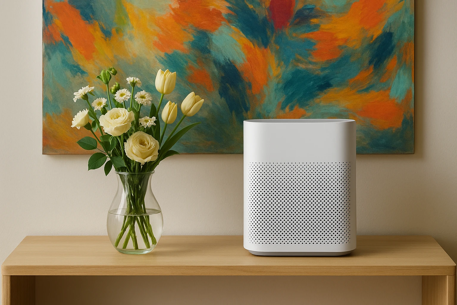 A display of diverse home goods, featuring an elegant glass vase with fresh flowers next to a high-tech air purifier on a minimalist wooden shelf against a backdrop of a vibrant abstract wall art.