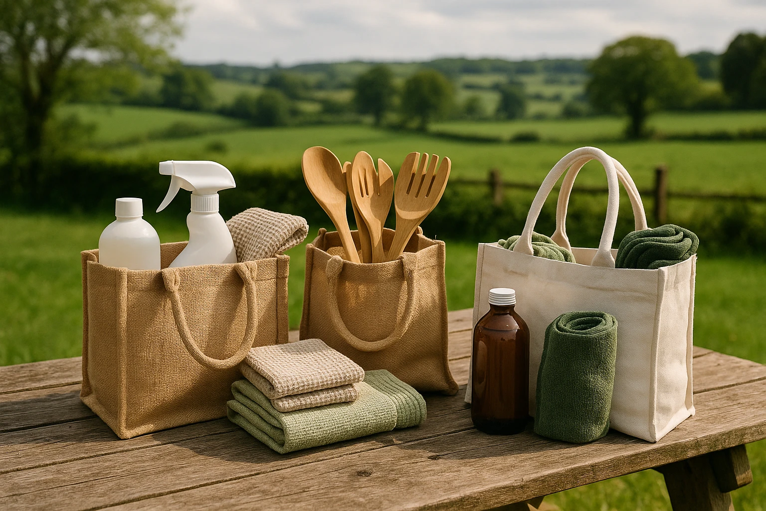 A collection of eco-friendly shopping bags filled with various household items, including organic cleaning supplies, bamboo kitchen utensils, and sustainable textiles, displayed on a rustic outdoor picnic table against a backdrop of a lush, green UK countryside.