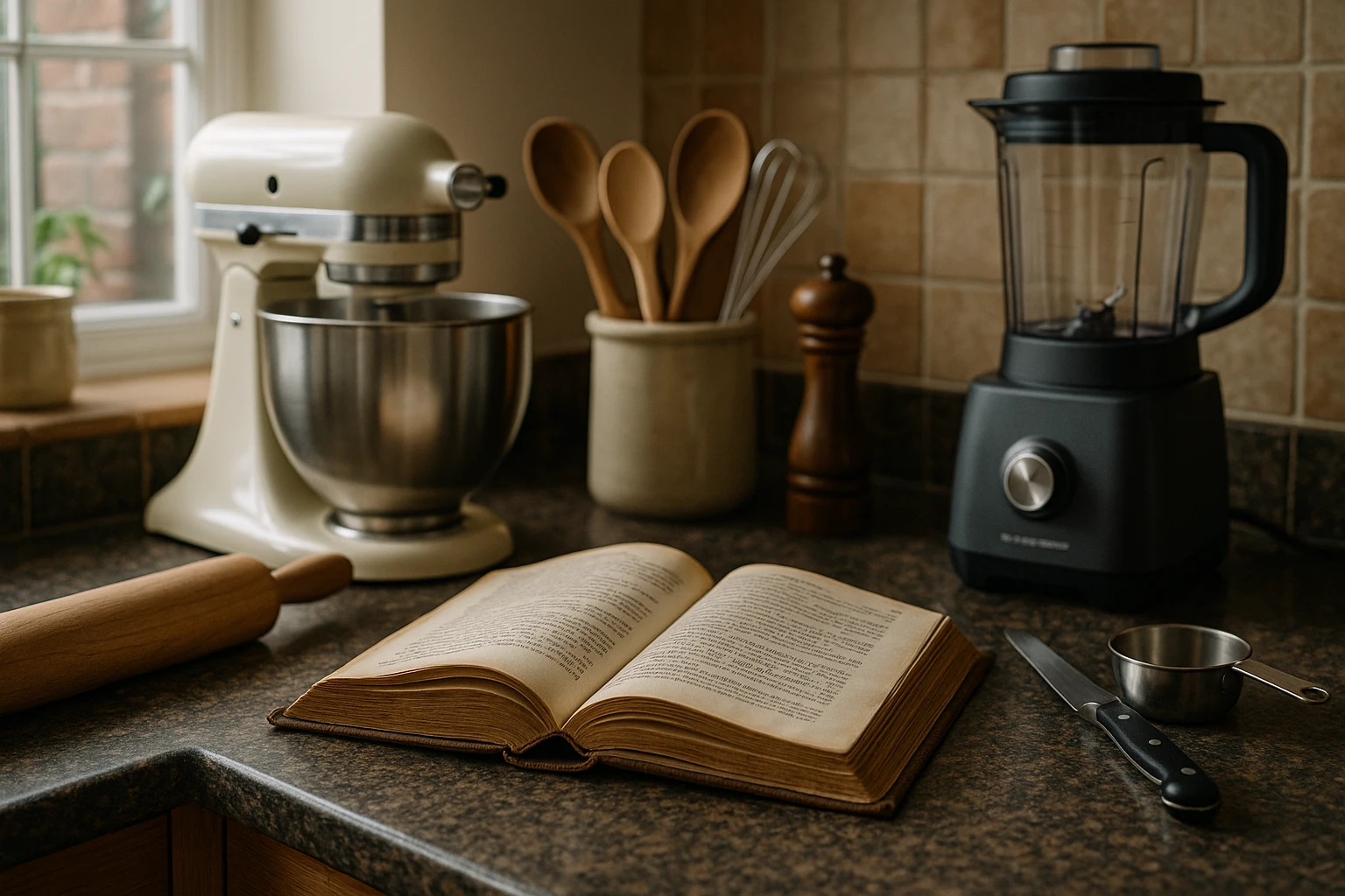 A cozy UK home kitchen scene featuring a well-used recipe book open on a counter, surrounded by various kitchen gadgets and utensils, with a branded UK Home Shopping Ltd logo subtly visible on a high-end blender in the corner.