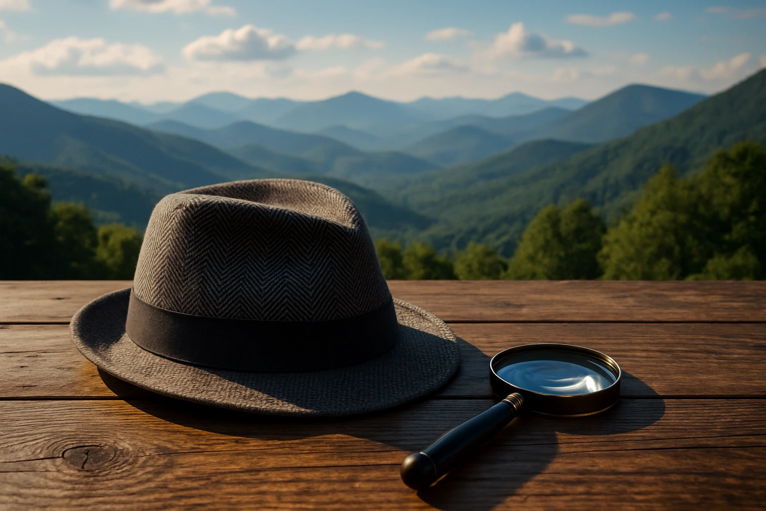 A private investigator's hat and magnifying glass resting on a rustic wooden table, with the picturesque Blue Ridge Mountains of Cherokee, North Carolina, visible in the background.