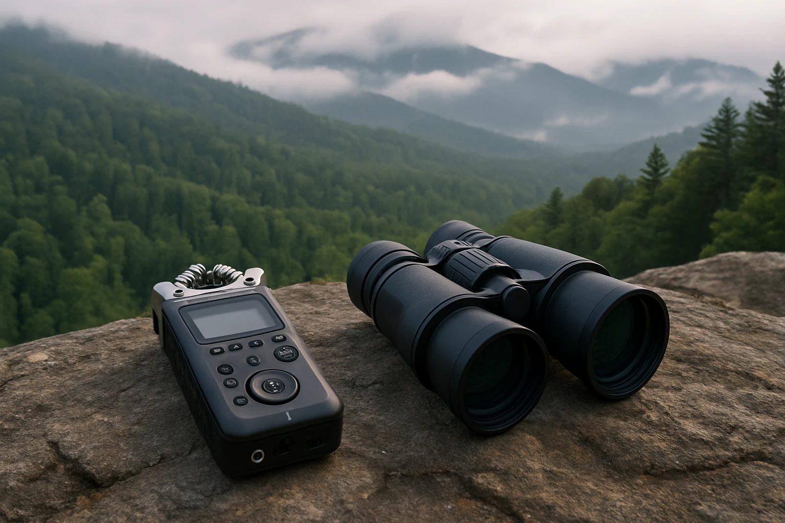 A digital audio recorder and binoculars lying on a rocky outcrop overlooking a dense forest in Cherokee, North Carolina, with mist-covered mountains in the distance.