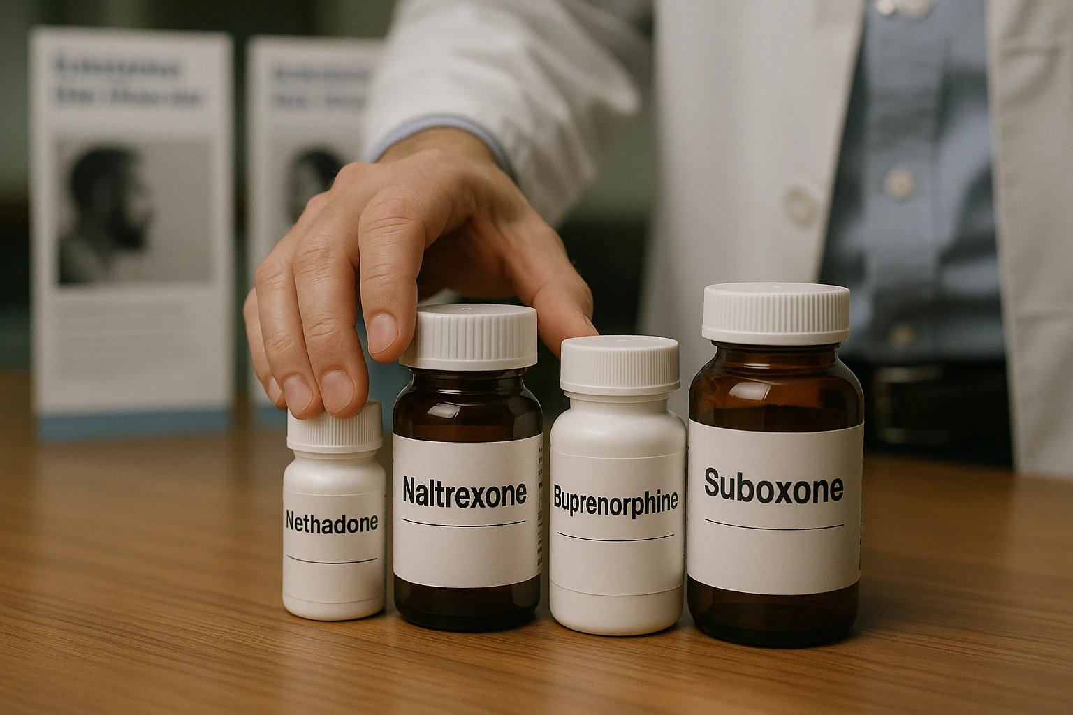 A close-up of a pharmacist's hand carefully placing bottles of Methadone, Naltrexone, Buprenorphine, and Suboxone on a wooden counter, with informative pamphlets about substance dependency disorder visible in the background.