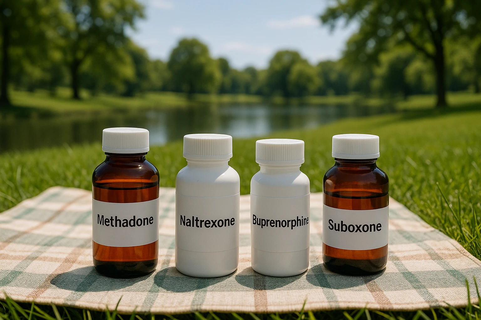 A set of bottles labeled Methadone, Naltrexone, Buprenorphine, and Suboxone are arranged on a grassy picnic blanket outdoors, with a serene park and a lake in the background, emphasizing the role of nature in holistic health approaches.