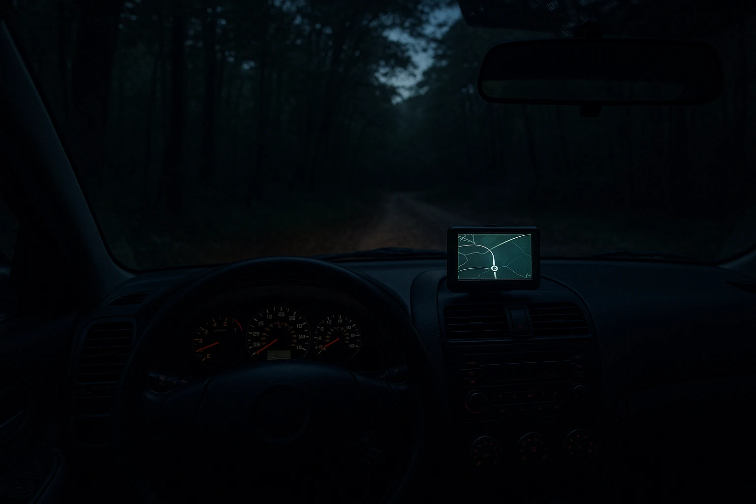 A private investigator's car parked on a secluded dirt road near Hot Springs, equipped with a dashboard-mounted GPS device glowing softly in the evening light, surrounded by the dense, shadowy outlines of the Appalachian forest.