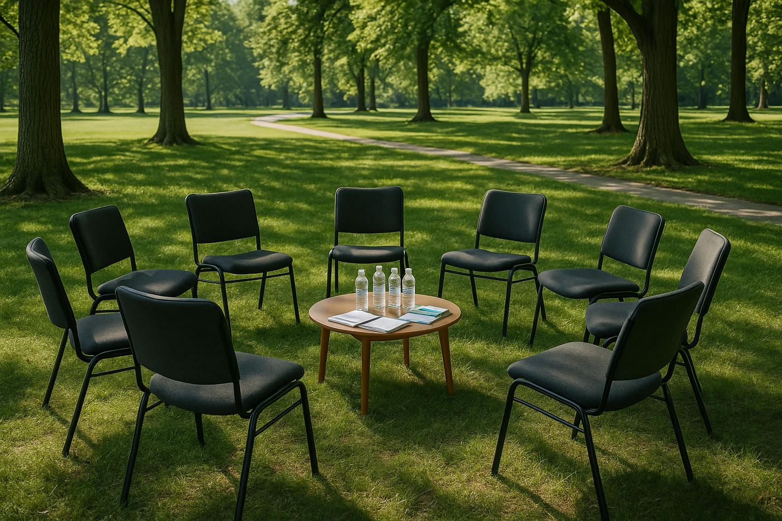A serene outdoor park setting in Glen Burnie, MD, with a support group session taking place; chairs arranged in a circle under the shade of tall trees, with a small table holding water bottles, notebooks, and brochures on addiction recovery.