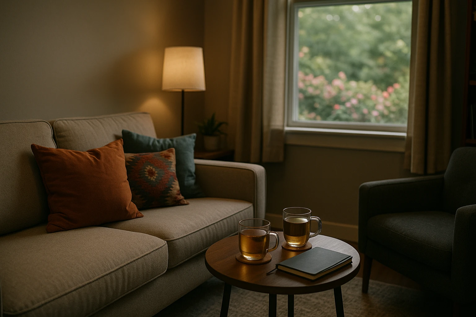 A cozy, dimly-lit therapy room in Glen Burnie, MD, featuring a soft sofa with colorful throw pillows, a small round table with herbal teas and a journal, and a window overlooking a garden with blooming flowers, creating a tranquil space for reflection and discussion.