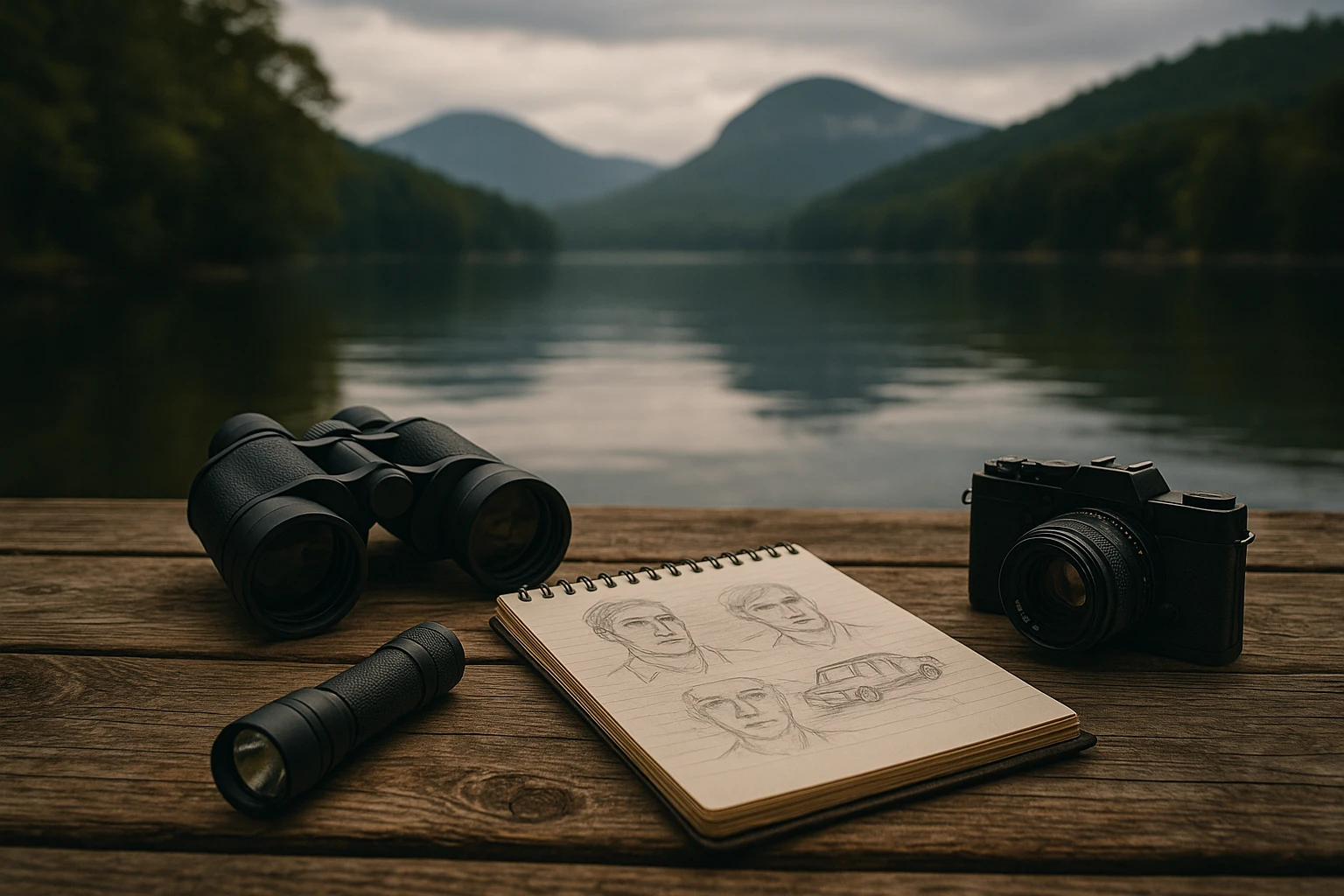 A private investigator's tools laid out on a rustic wooden table by the lakeside, including binoculars, a notepad filled with sketches, a small flashlight, and a portable camera, all set against the tranquil backdrop of Lake Lure with the misty mountains in the distance.