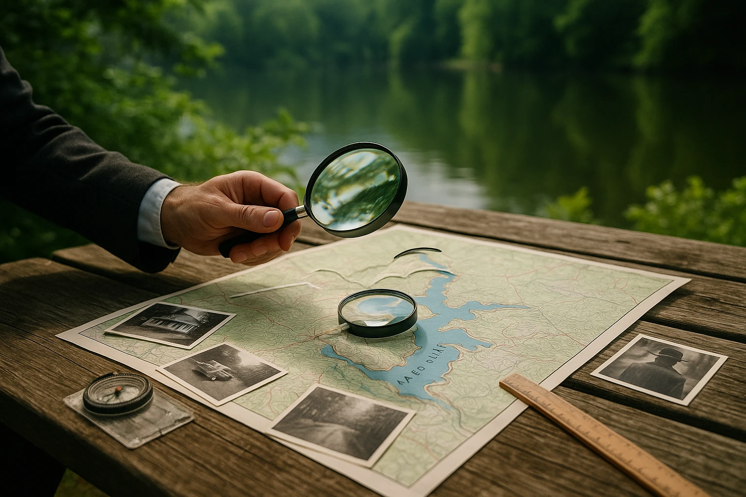 A private investigator's hand holding a magnifying glass over a detailed map of Lake Lure, with scattered photo evidence and topographical tools on a picnic table, surrounded by lush greenery and the reflective waters of the lake in the background.