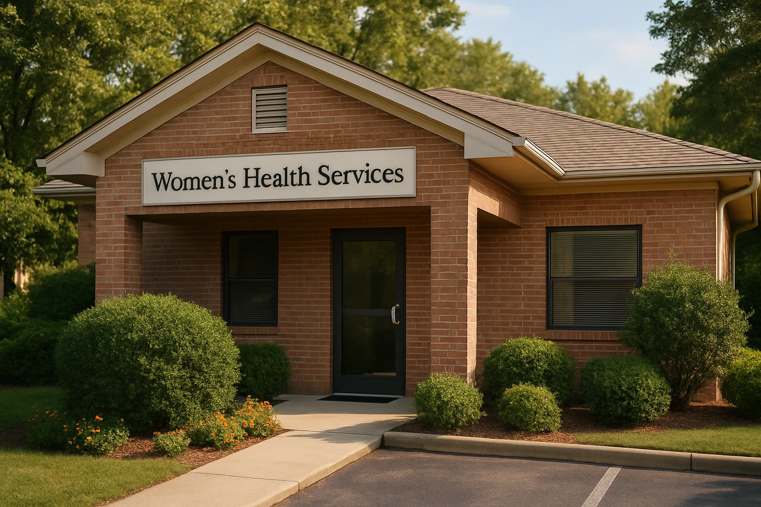 A warm, welcoming clinic entrance in a suburban setting with a clear sign reading
