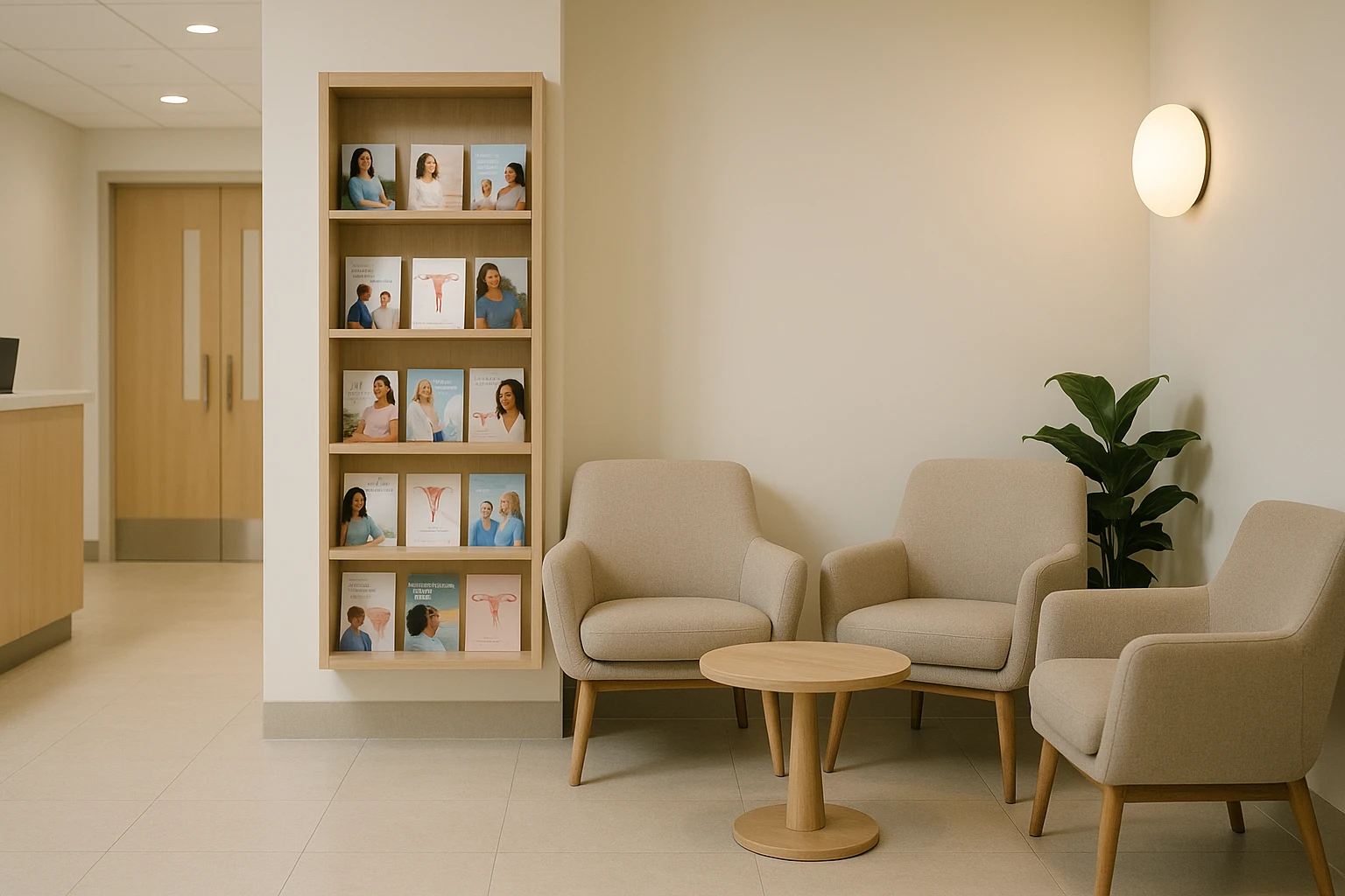 A modern clinic interior with a cozy waiting area featuring comfortable chairs, soft lighting, and a shelf displaying brochures about women's health services, including IUD information, providing an inviting and informative atmosphere.