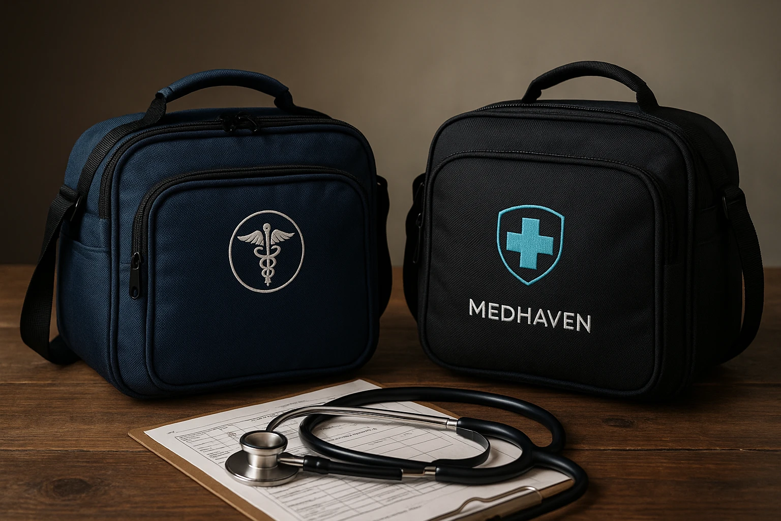 A comparative scene showcasing two distinct medical bags, each branded with the logos of First Medical Associates and MedHaven, placed side by side on a rustic wooden table with a stethoscope and medical chart partially visible.