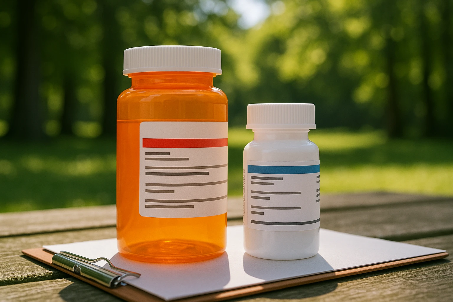 A close-up of two contrasting prescription bottles labeled with First Medical Associates and MedHaven, placed on a grassy outdoor picnic table, with a clipboard and a sunlit background of lush green trees.