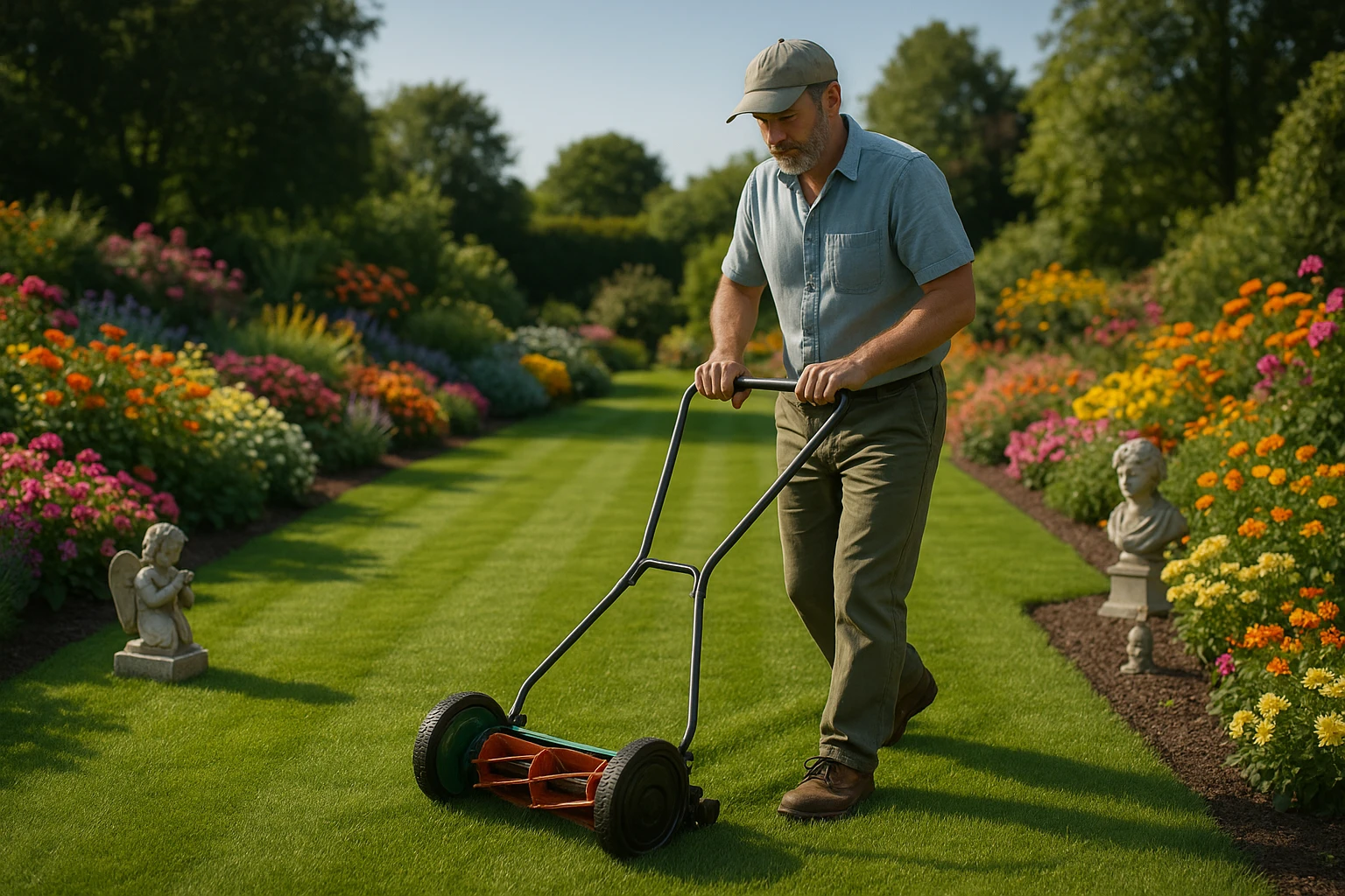 A neatly maintained lawn with a person using a manual push mower, surrounded by vibrant flower beds and small, decorative garden statues, under a bright, clear sky.