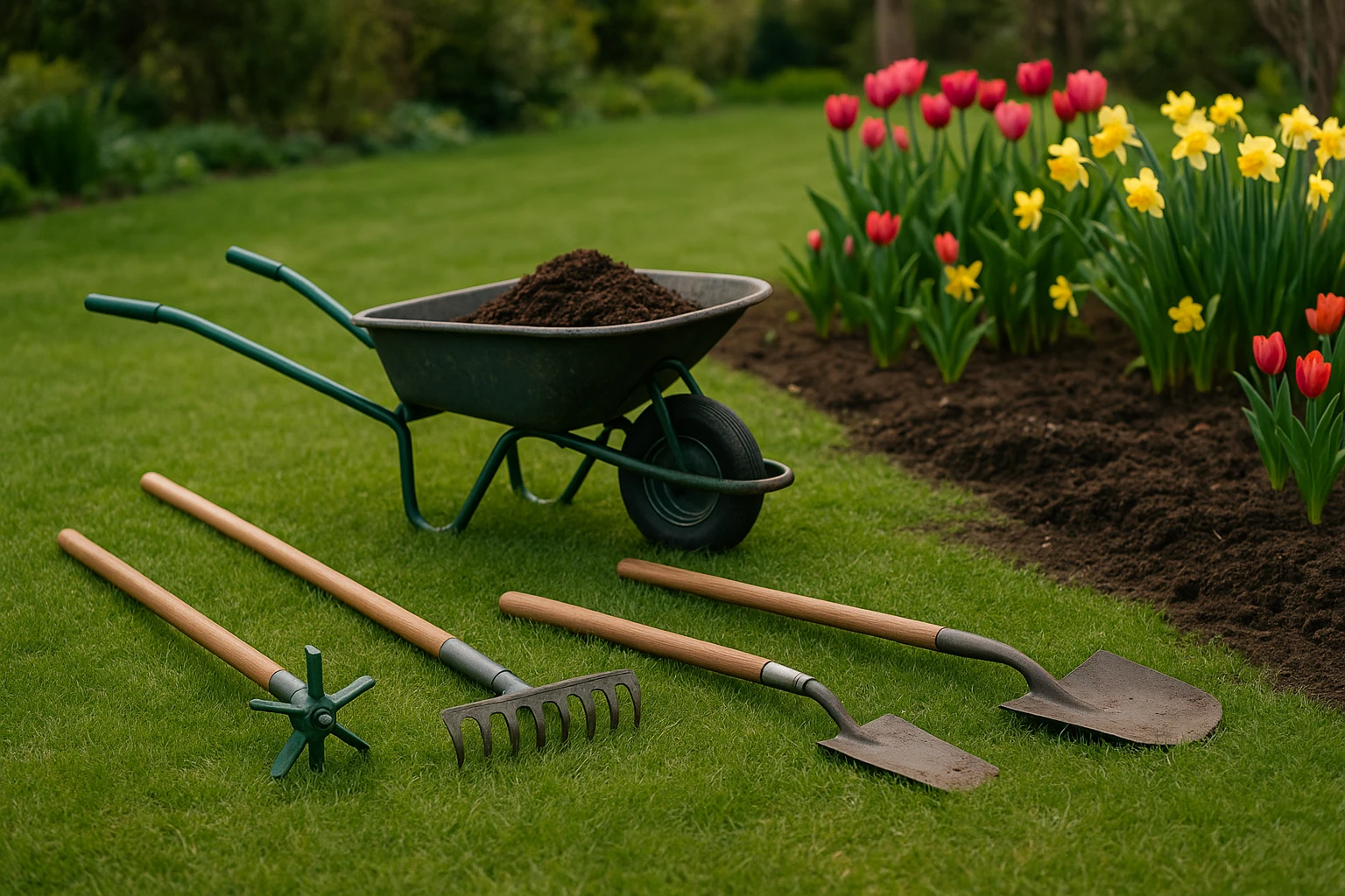 A well-manicured lawn in early spring, adorned with a variety of garden tools like a rake, hoe, and a manual aerator scattered around, bordered by blossoming tulips and daffodils, with a small wheelbarrow filled with organic compost near a freshly cleared flower bed.