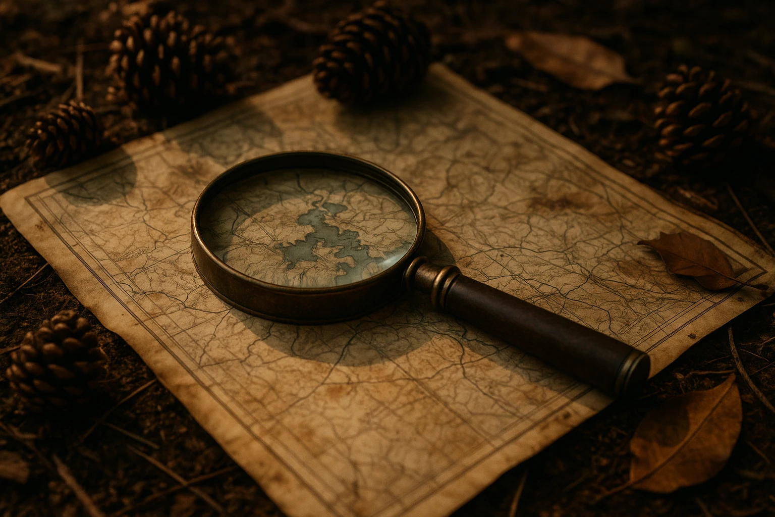 A vintage magnifying glass resting on an old, weathered map of Lake Toxaway, surrounded by scattered pine cones and leaves, suggesting a private investigator's careful study in the natural environment.