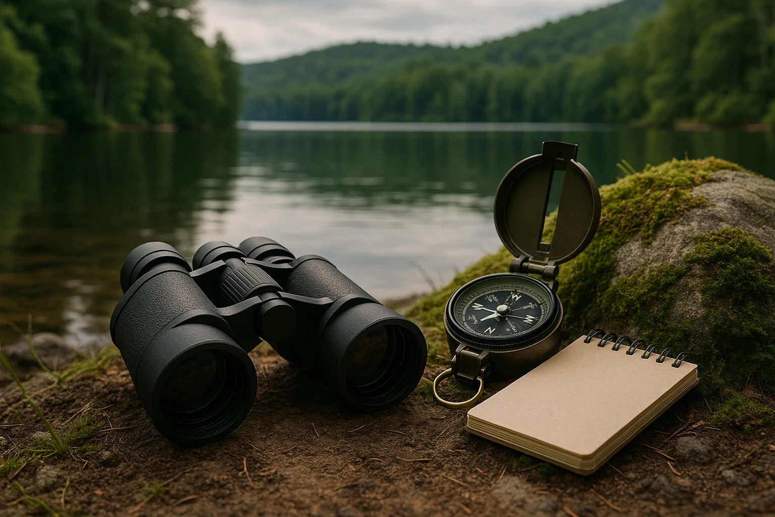 A pair of binoculars lying near a moss-covered stone with a compass and a notepad, set against the backdrop of the tranquil Lake Toxaway, highlighting the outdoor investigative tools amidst the lush scenery.