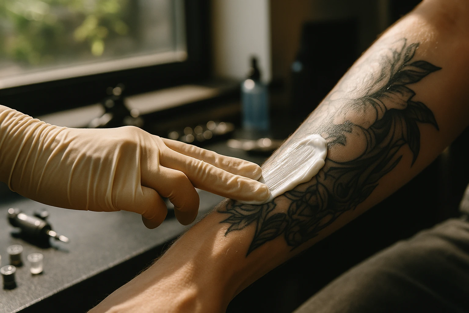 A close-up of a hand wearing a latex glove applying numbing cream to a forearm with a partially completed tattoo, with sunlight streaming through a nearby window and various tattoo equipment visible on a counter in the background.