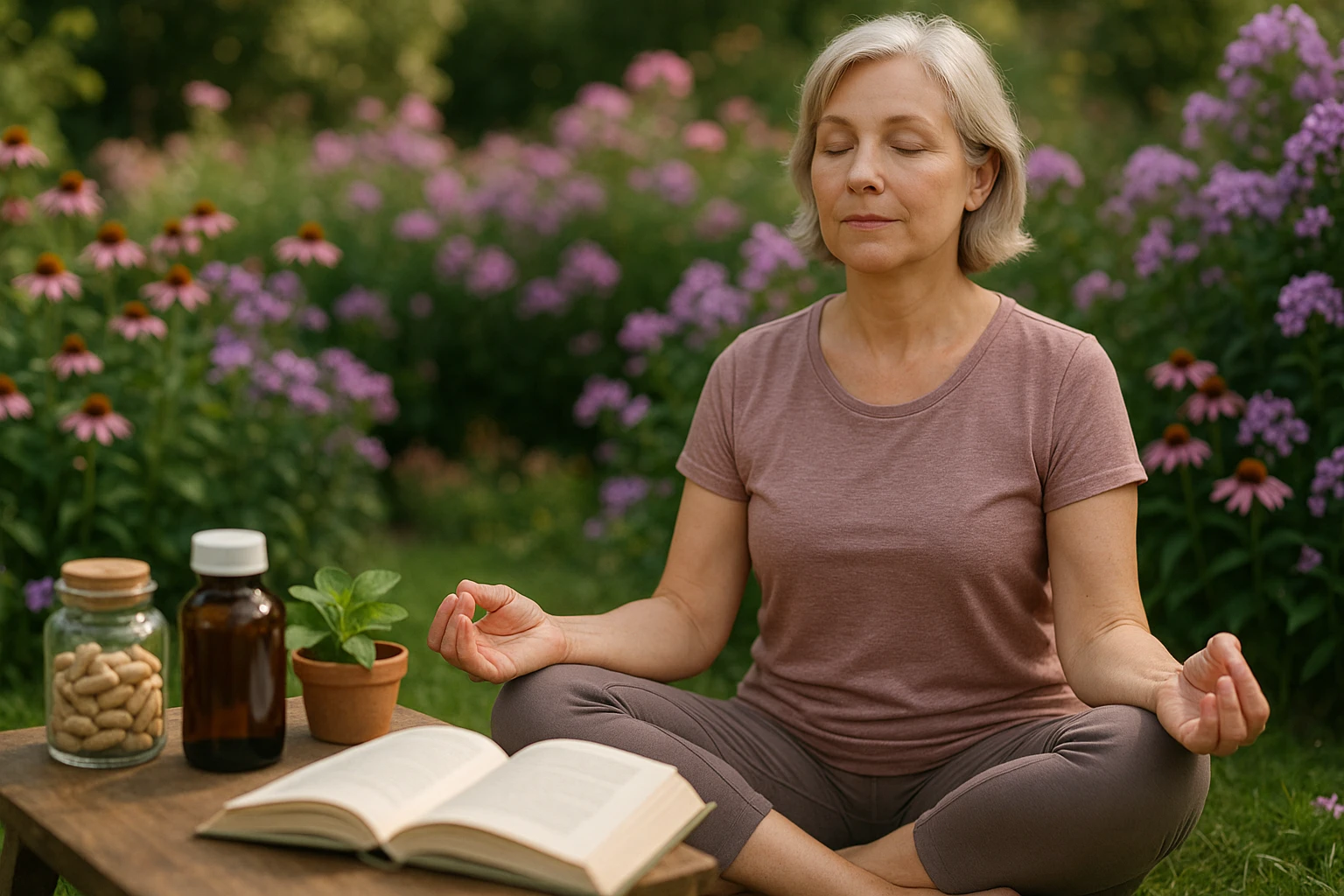 A serene garden scene with a woman practicing yoga surrounded by blooming flowers, symbolizing tranquility during menopause; nearby, a table displays herbal supplements and an open book on women's health.