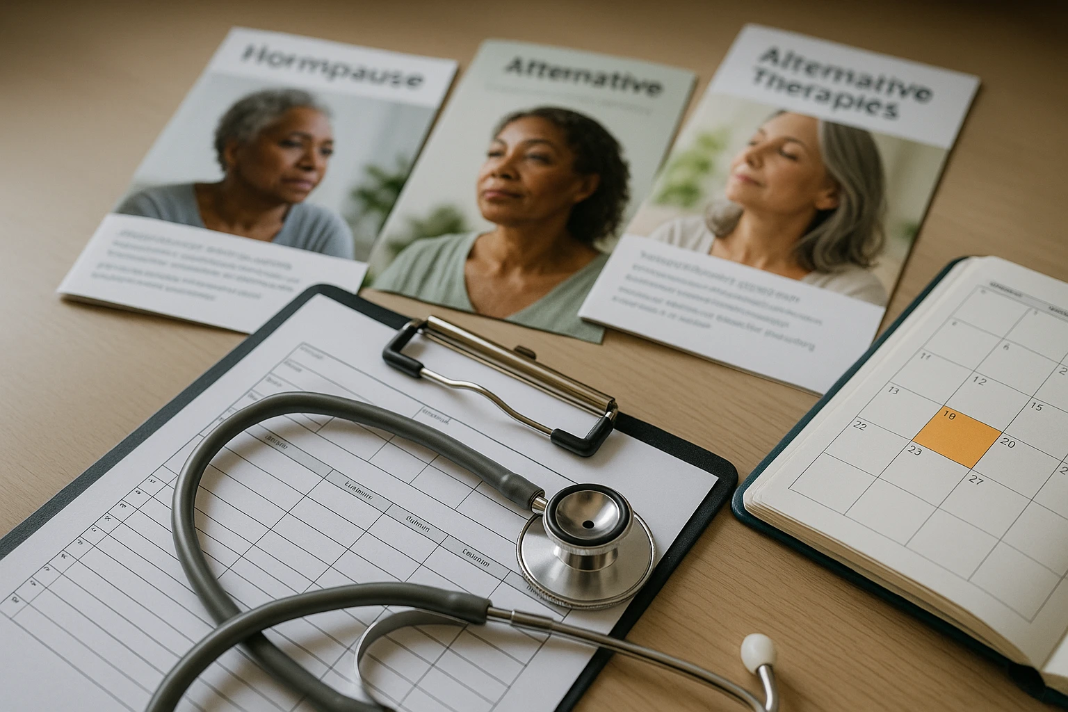 A close-up of a medical chart and stethoscope on a doctor's desk, surrounded by brochures about hormonal treatments and alternative therapies for menopause, with a calendar displaying highlighted urgent care appointments.