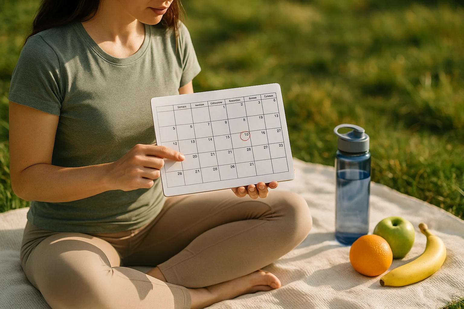 A serene outdoor setting with a woman holding a calendar, marked with a circled date for her wellness exam, alongside healthy lifestyle items like a water bottle and fresh fruits on a picnic blanket.