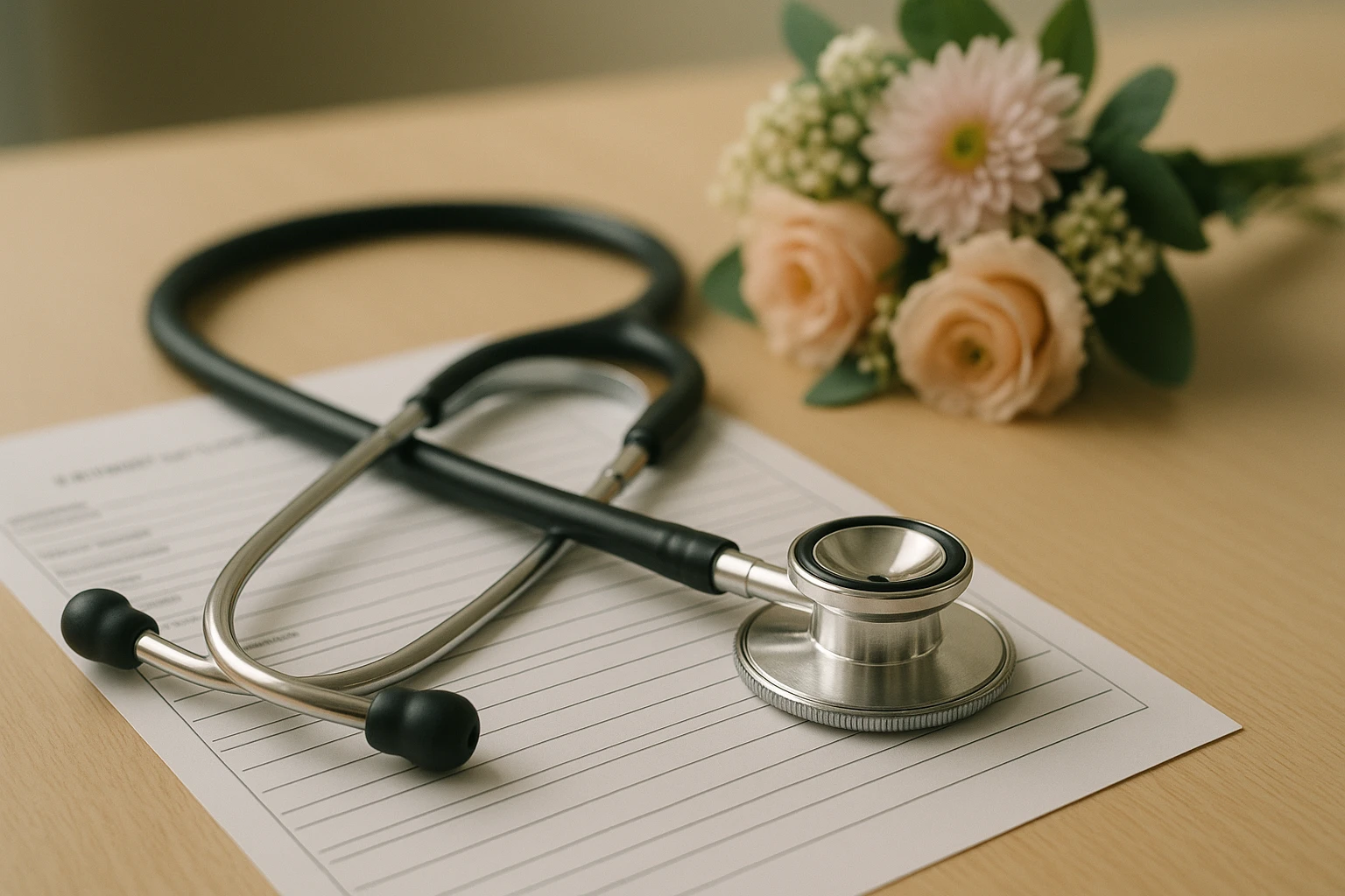 A close-up of a doctor's stethoscope resting on a table next to a patient information form and a small bouquet of flowers, symbolizing care and wellness in a welcoming clinic setting.