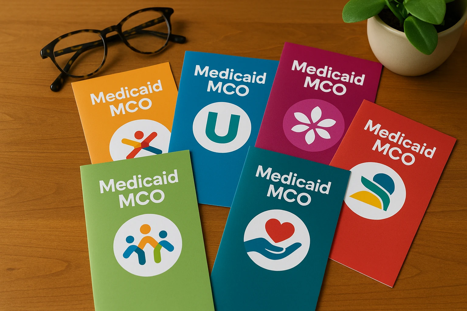 A selection of Maryland Medicaid MCO brochures spread out on a wooden table, each featuring distinct logos and vibrant colors, alongside a pair of reading glasses and a potted plant in the background.