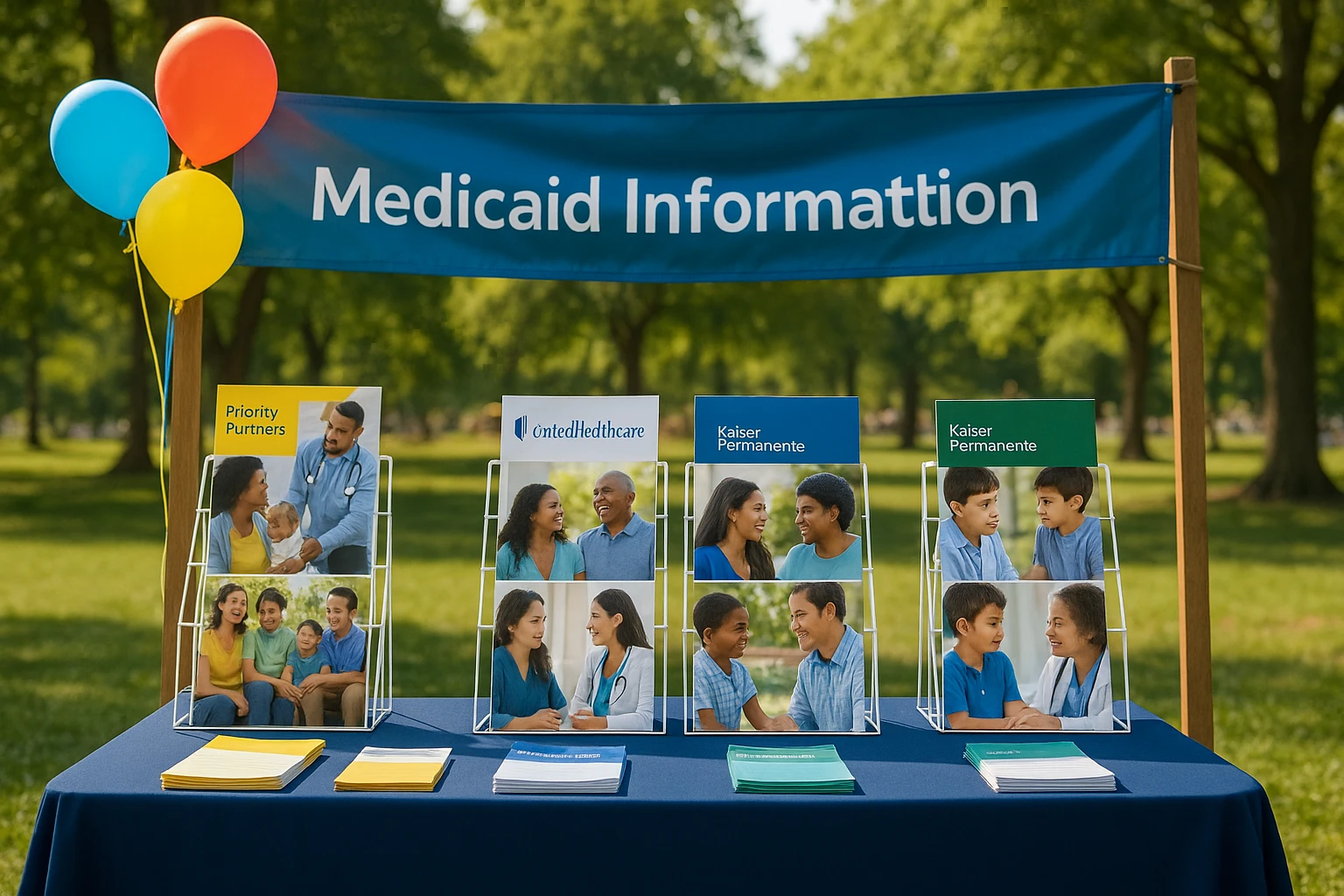 A Maryland Medicaid MCO information stand at an outdoor community health fair, featuring colorful posters and brochures from Priority Partners, UnitedHealthcare, and Kaiser Permanente on display racks, with balloons and a banner overhead in a sunny park setting.