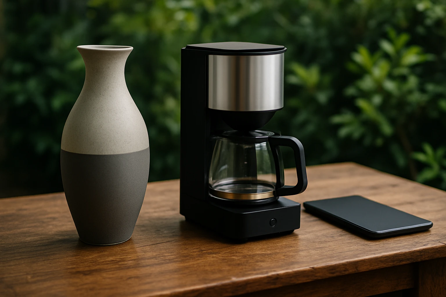 A stylish vase placed beside a high-quality kitchen gadget and a sleek tech accessory, all displayed on a rustic wooden table against a backdrop of greenery, highlighting their modern design and functionality.